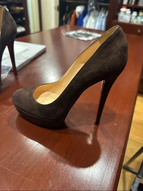 Christian Louboutin Brown Suede Round-Toe Pumps - Picture 2 of 4